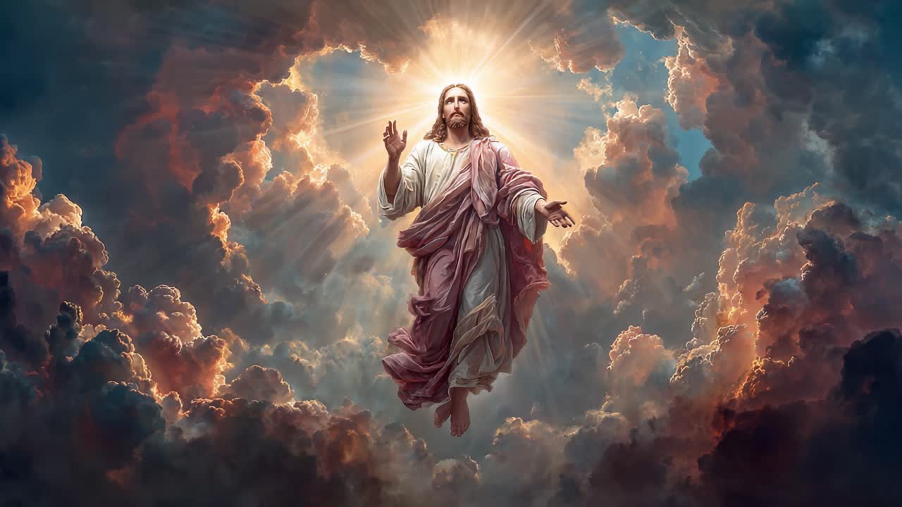 Una maestosa figura divina che ascende tra nuvole e luce radiose, simboleggiando speranza, fede e illuminazione spirituale in un contesto celeste.