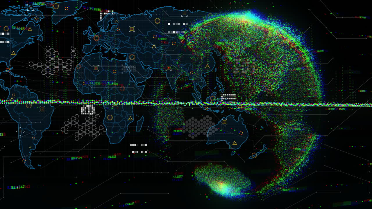 Digital world map with colorful data points and network connections animation
