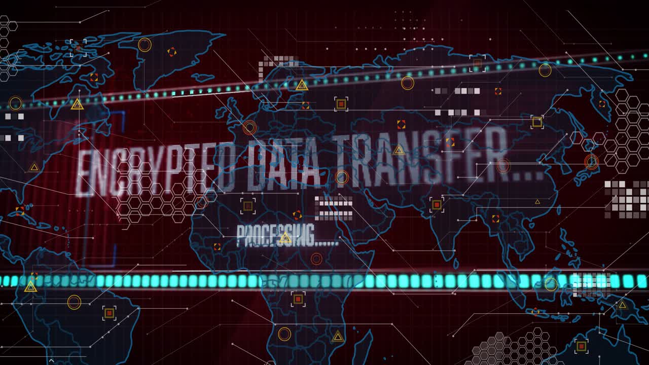 World map fading in initiating HUD, title flickering, red scan bars falling, showing encrypted data