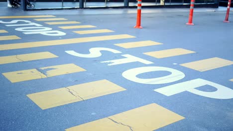 A pedestrian crossing sign with the word 'STOP' painted on it