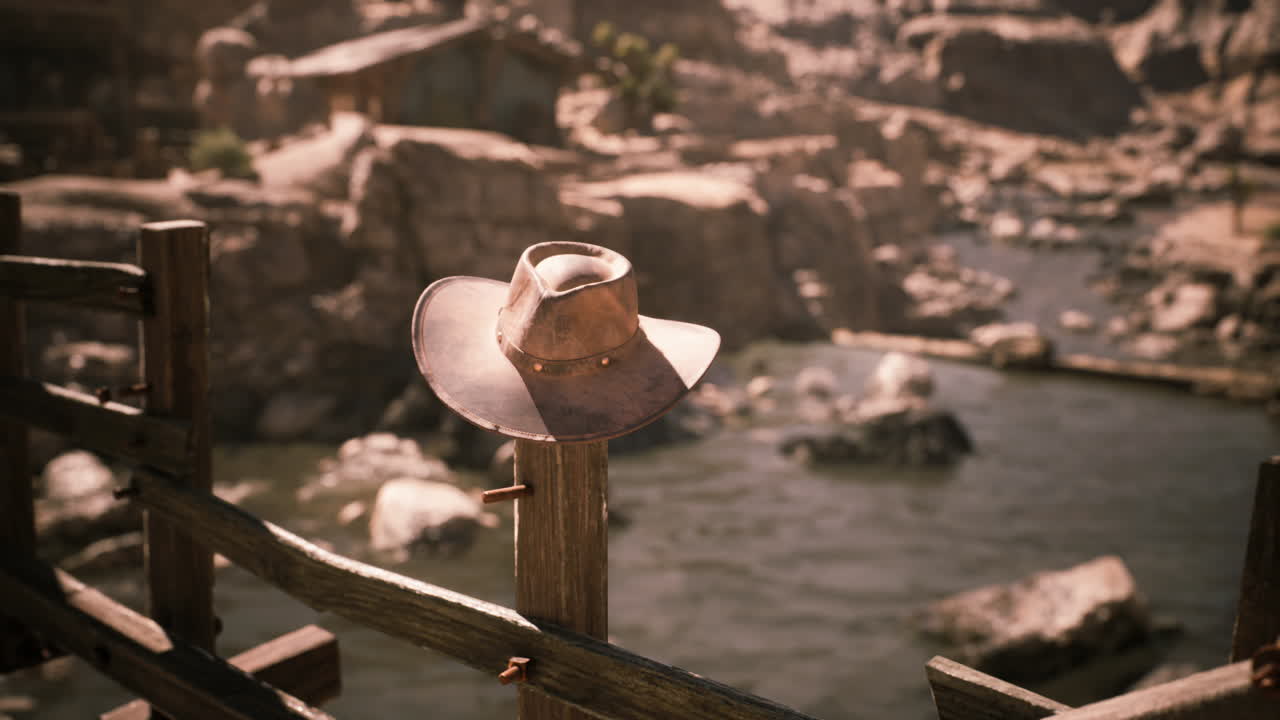 un sombrero de vaquero desgastado encaramado en una valla de madera por una orilla serena
