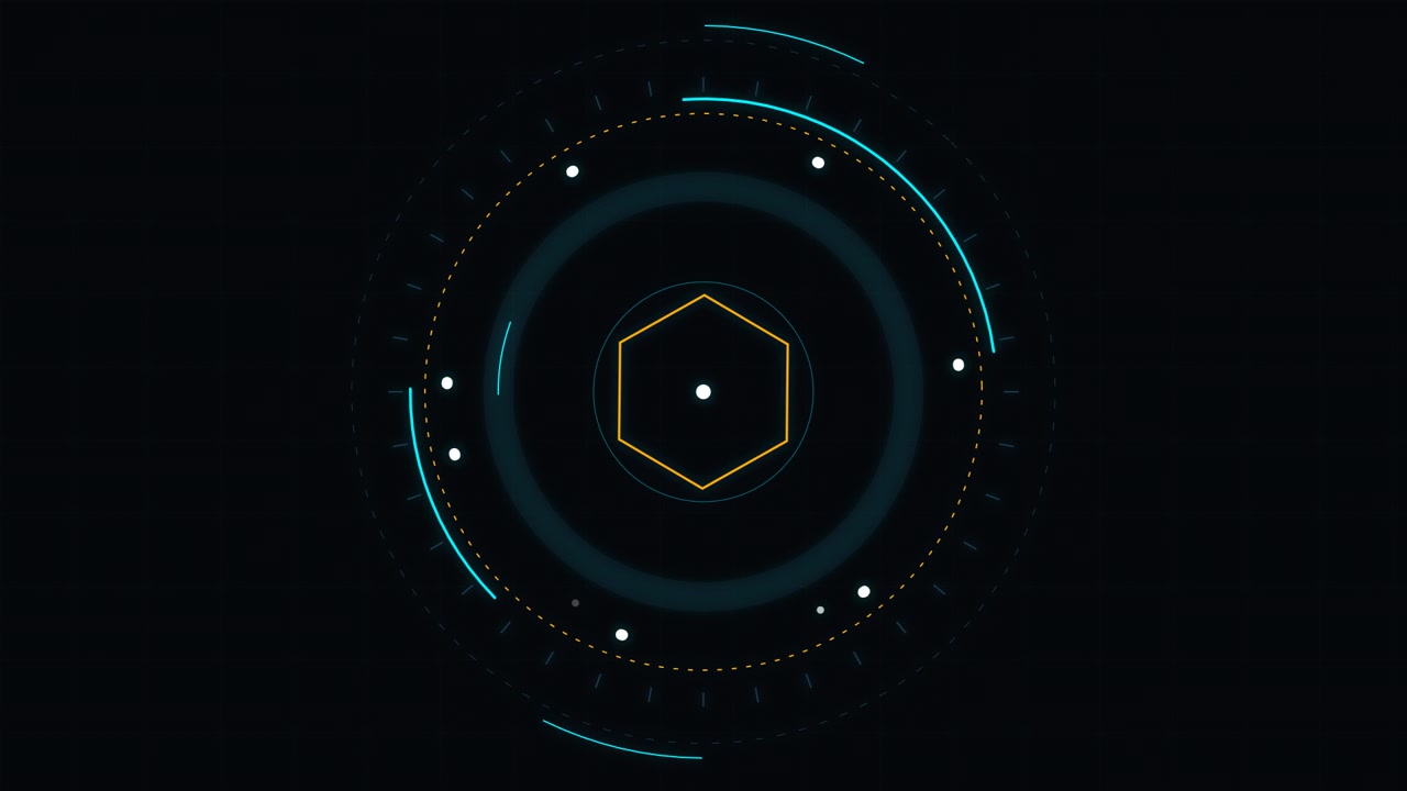 Abstract Digital HUD Interface with Rotating Hexagon and Circular Elements