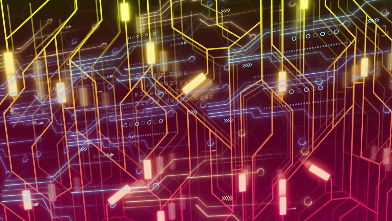 Forming complex digital network pattern, colorful circuit lines and glowing elements