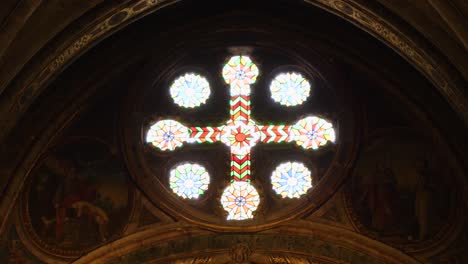 Stained-Glass-Rosette-in-Ourense's-Cathedral,-Galicia,-Spain