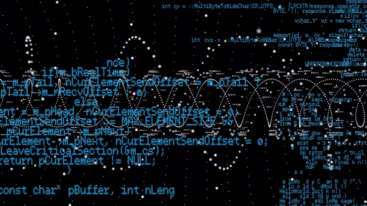 Launching oscillating dotted waveform on black field, overlaying cyan code depicting data flow