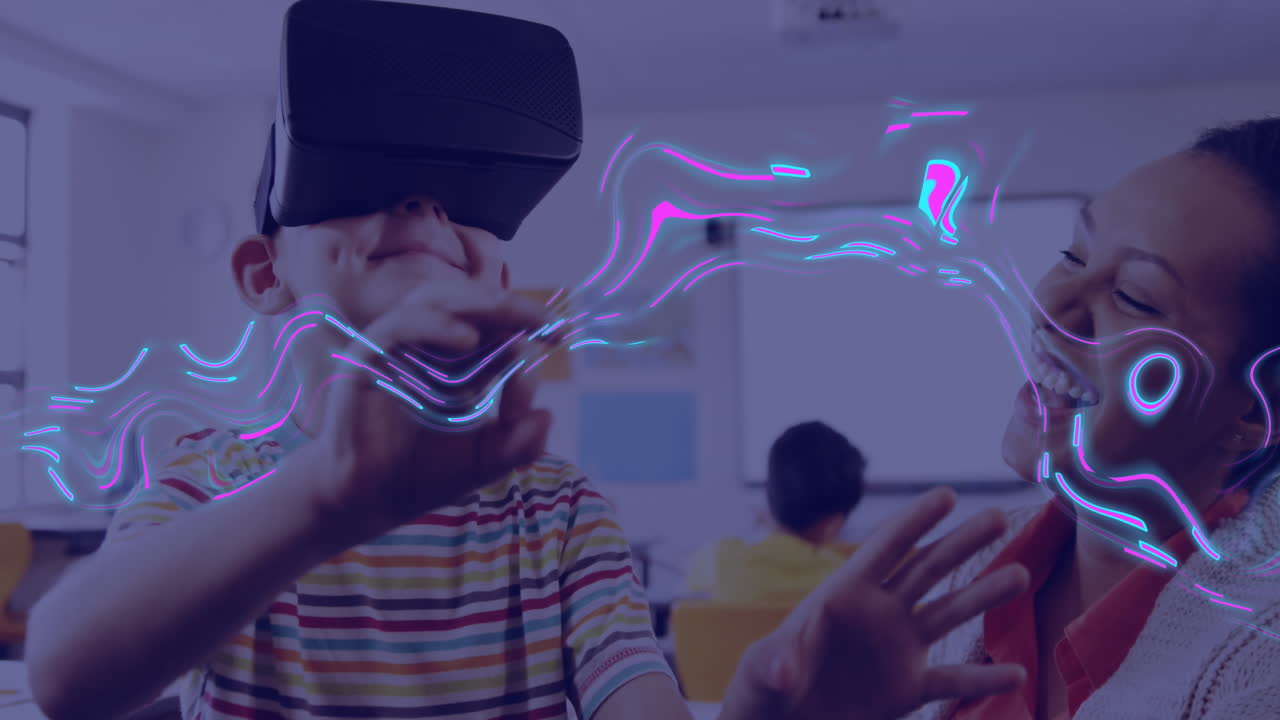 animación de rastros de luz brillante de transferencia de datos y niño caucásico en auriculares vr