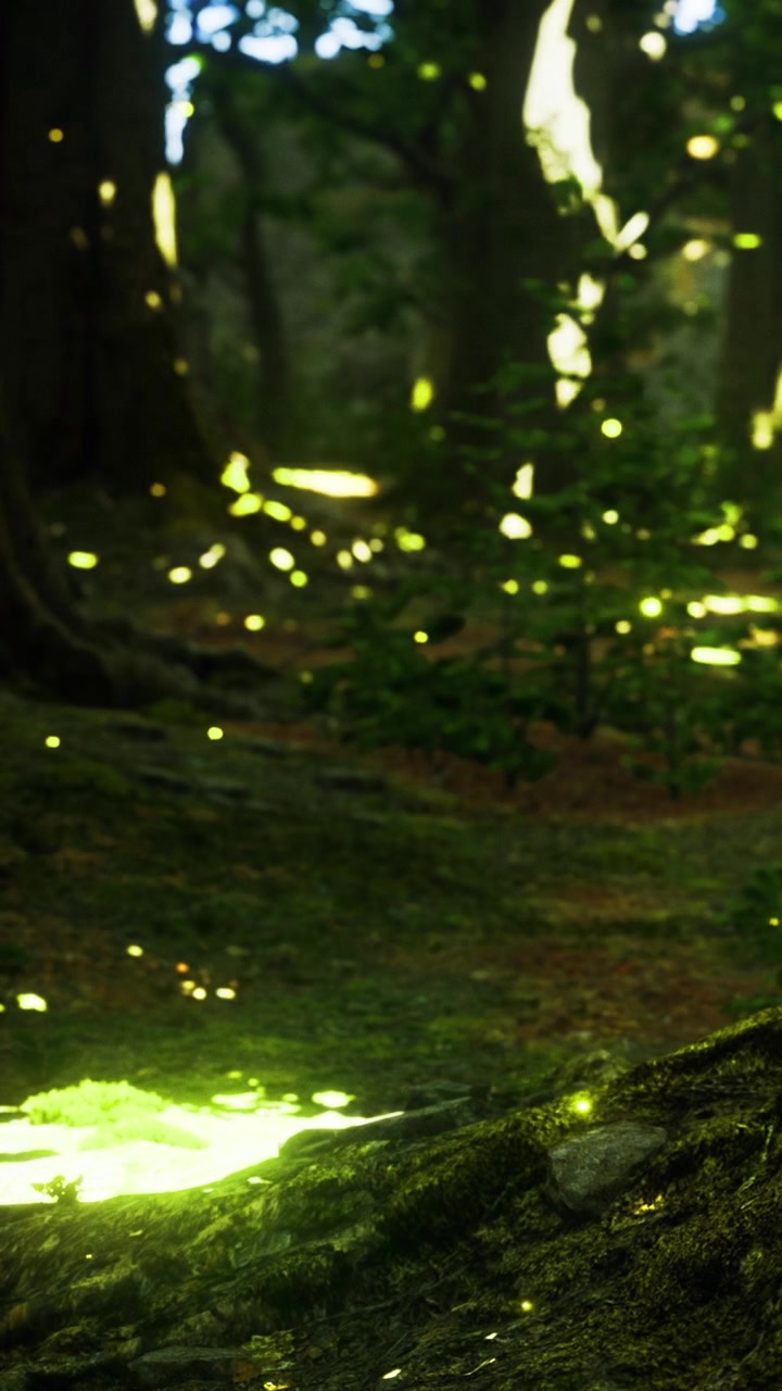 La serenità si dispiegava in una foresta luminosa al crepuscolo con luci scintillanti.