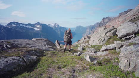 caucasian hiker walking in a mountain path in katthammaren mountain with a dog - wide shot