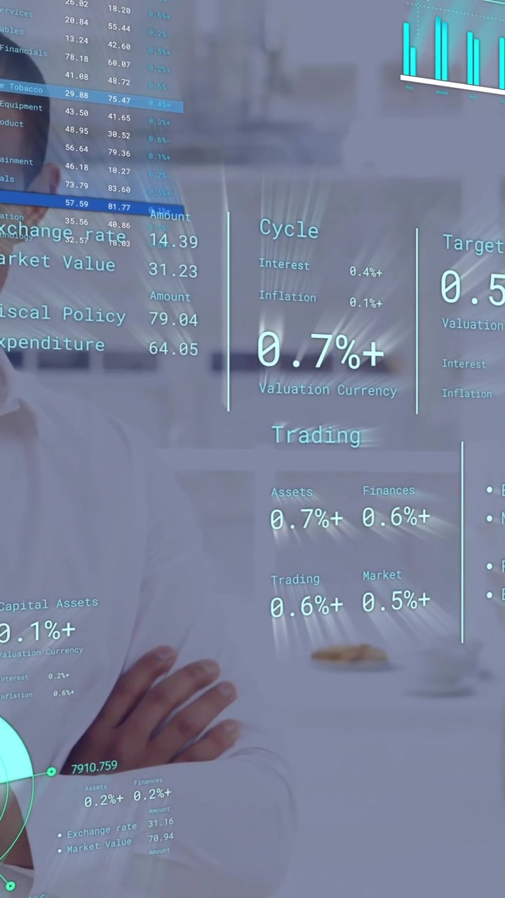 Business data analytics animation over diverse professionals in office environment