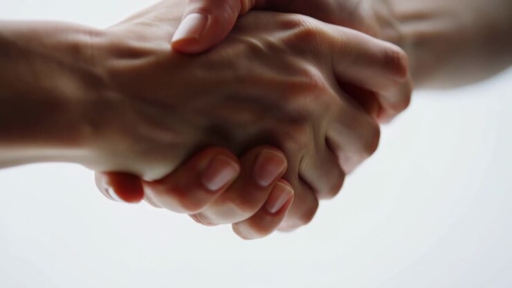 A close-up shot of two individuals shaking hands in a friendly and cooperative manner, set against a neutral background. The hands are prominently displayed, showcasing the skin tone.