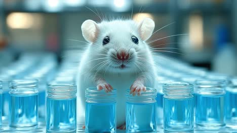 Mouse exploring lab vials. A white mouse is curiously standing among small vials containing bright blue liquid in a laboratory setting.