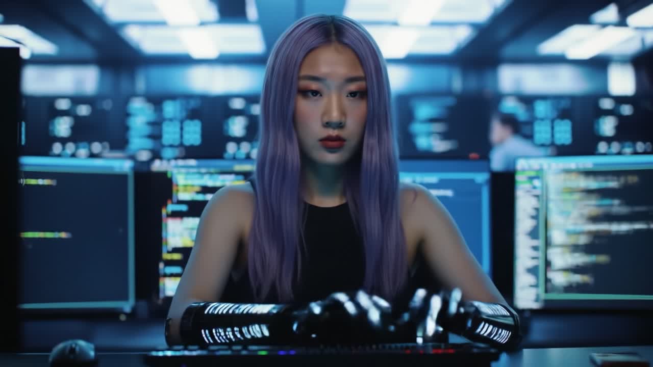 In a High-Tech Environment, a Young Woman with Purple Hair Engages in Advanced Computing, Surrounded by Multiple Monitors Displaying Complex Code and Data Analysis