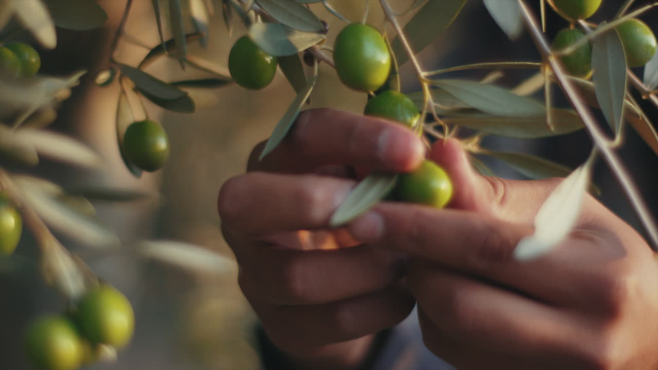 Close up of hands picking olives from a tree