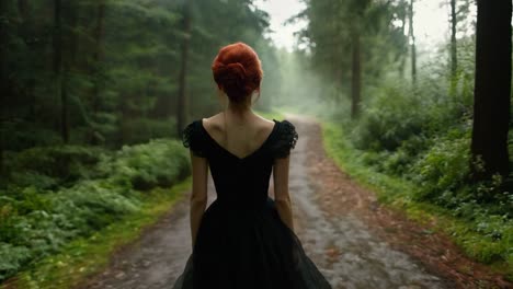 a woman in a black dress walking down a dirt road in the woods