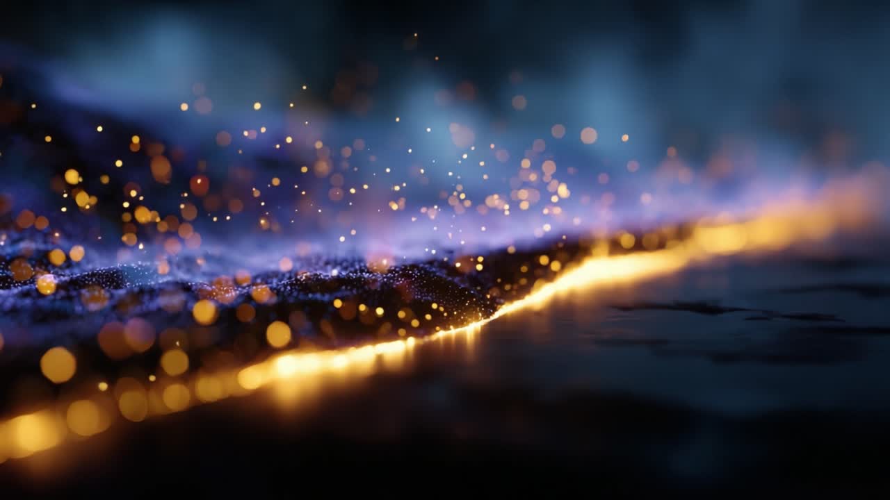 Un bagliore ipnotico danza lungo una superficie ruvida, mettendo in mostra particelle vibranti che illuminano la scena con una combinazione di colori ed effetti di luce incantevoli.