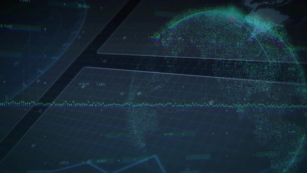 After delay labels appearing and pixels forming rotating globe, waveform pulsing visualizing data