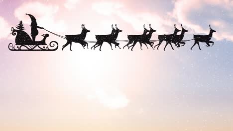 Animation-of-santa-claus-in-sleigh-with-reindeer-over-snow-falling-and-sky