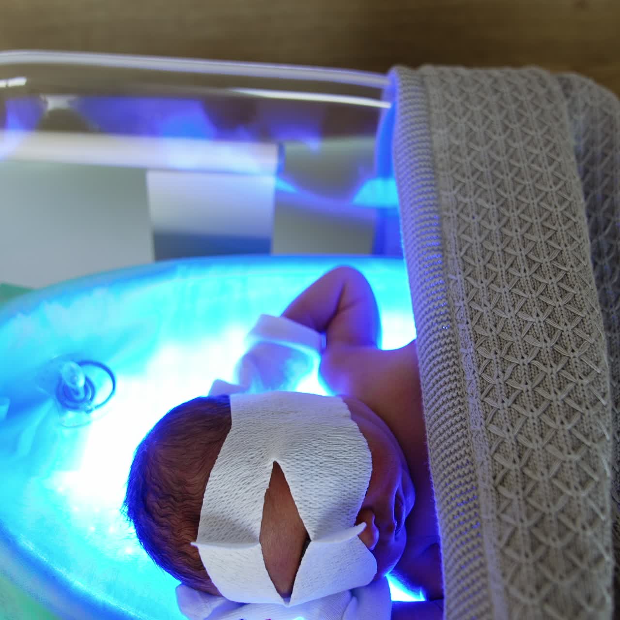 A newborn child lies in the crib with mask on eyes. Newborn baby is undergoing hyperbilirubinemia treatment by phototherapy