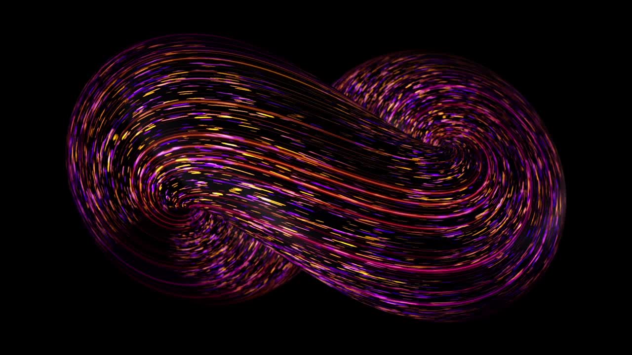 espiral 3d abstracta con líneas móviles de neón en fondo negro. animación. espiral en bucle multicolora con líneas de neón móviles. espiral cerrada volumétrica con líneas luminosas rápidas