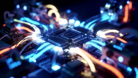 a close-up view of a complex computer circuit board featuring vibrant lighted cables and connections, highlighting advanced technology and innovation in modern computing