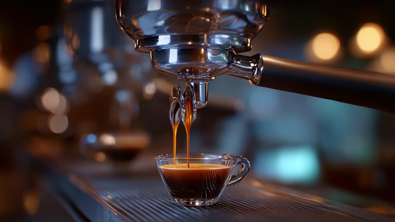 Una bellissima sequenza di espresso versato in una tazza di vetro, con una consistenza ricca, scura e cremosa e una calda illuminazione ambientale in un bar