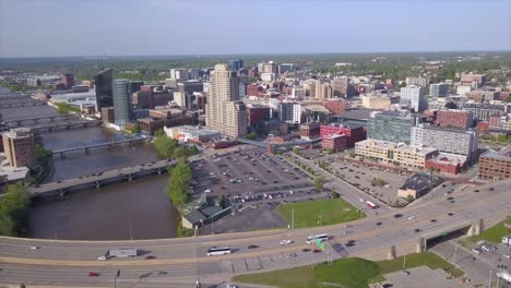 drone shot of grand rapids skyline