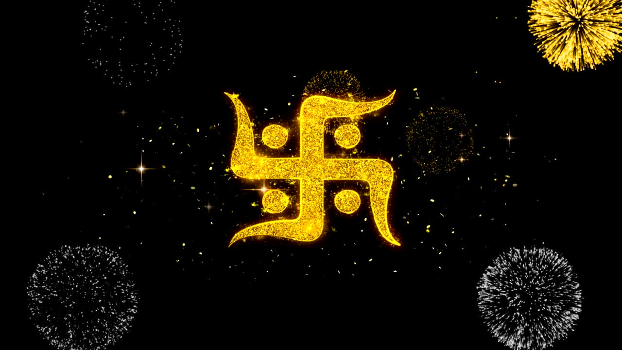 Hindu Swastika Icon on Glitter Golden Particles Firework.