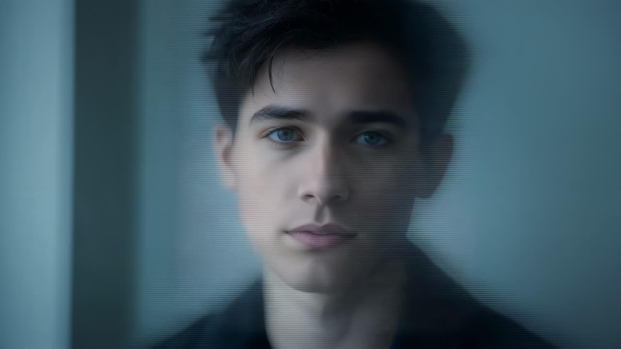 After pause, seated Asian man experiencing glitch lines and bar sliding upward in sparse room