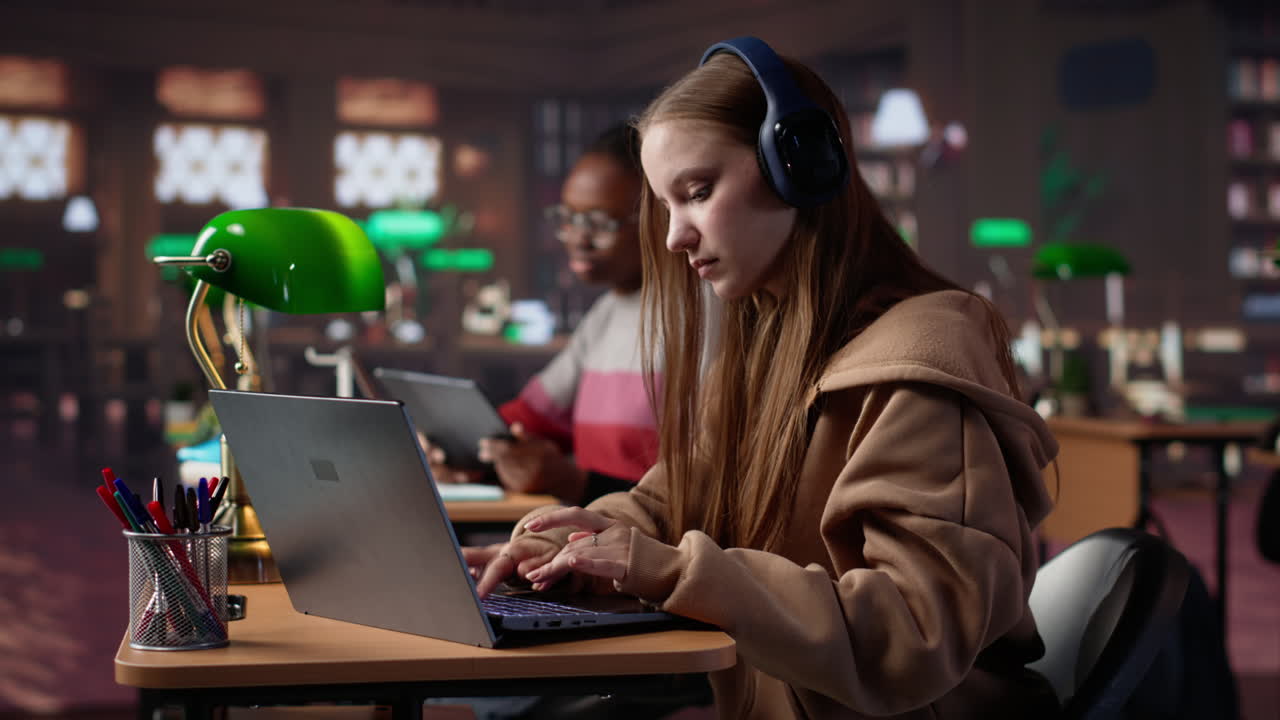 Young student attending to a web lecture with headset in the campus library