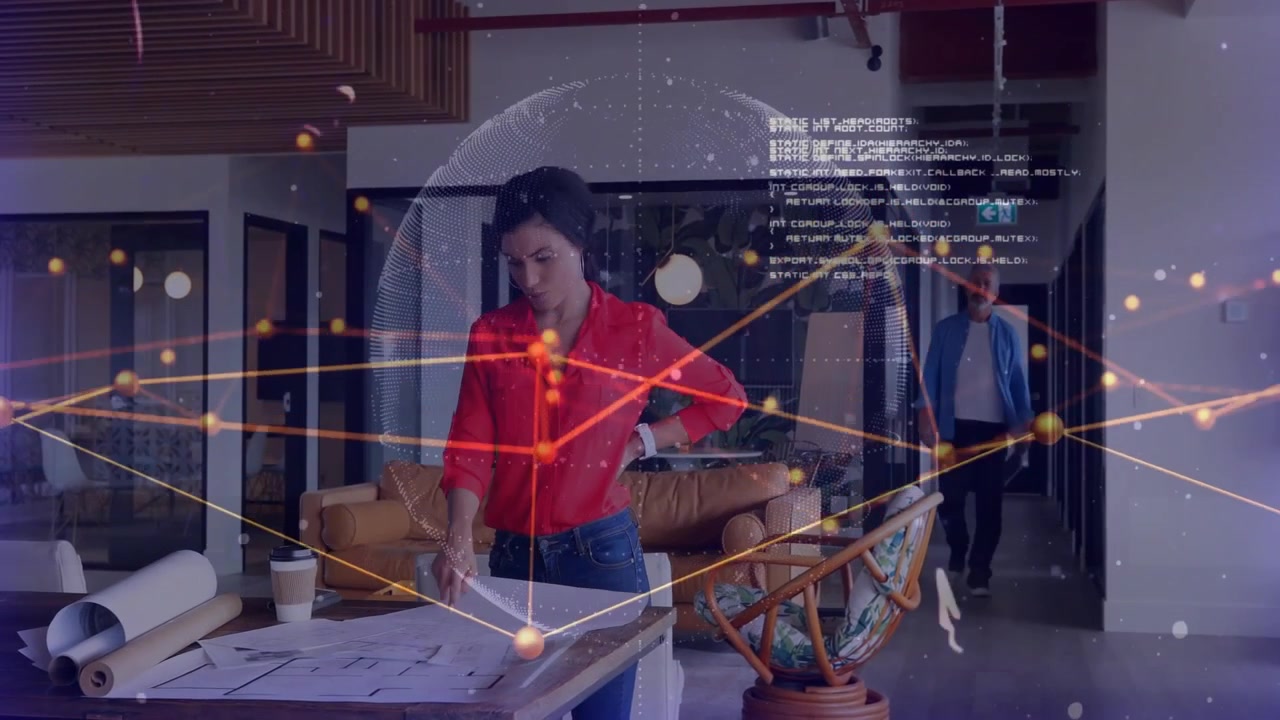Woman studying plans, evaluating layout for architecture, man entering, globe overlaying plans