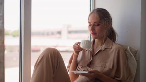 pensive woman sits on windowsill having cup of hot drink