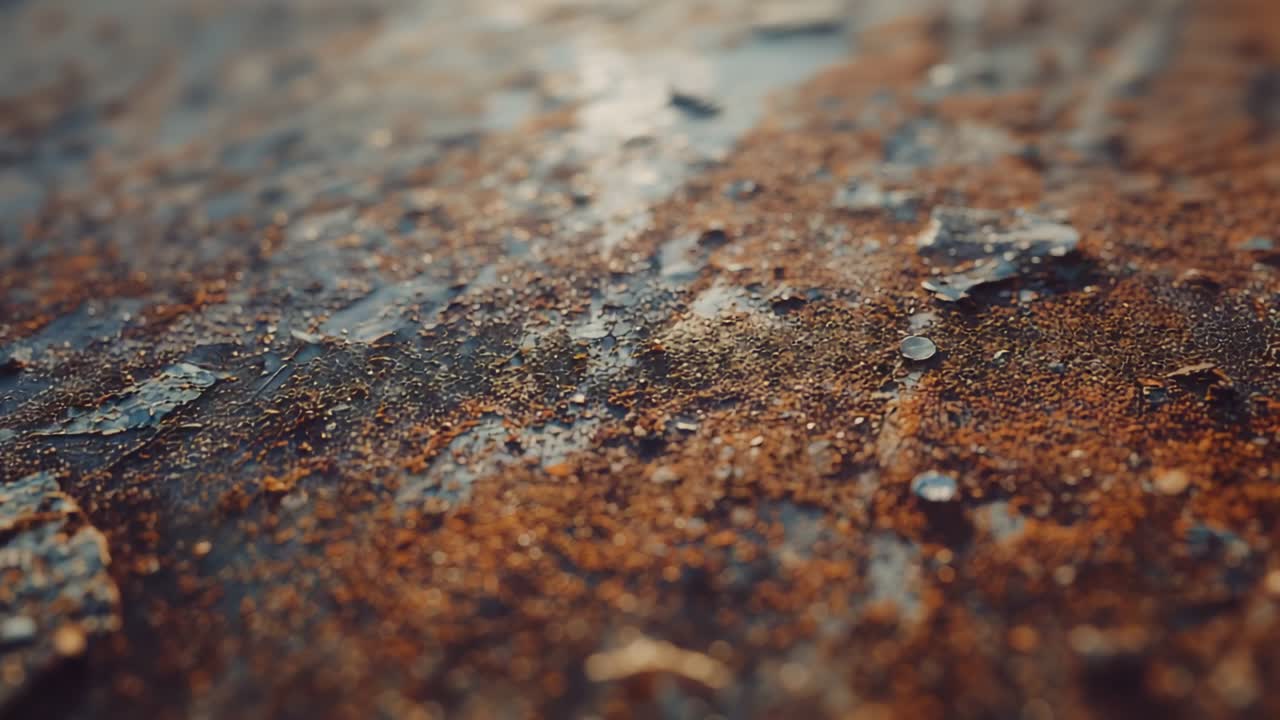 Starting closeup on rusted panel, panning camera showing peeling paint fragments, water droplets