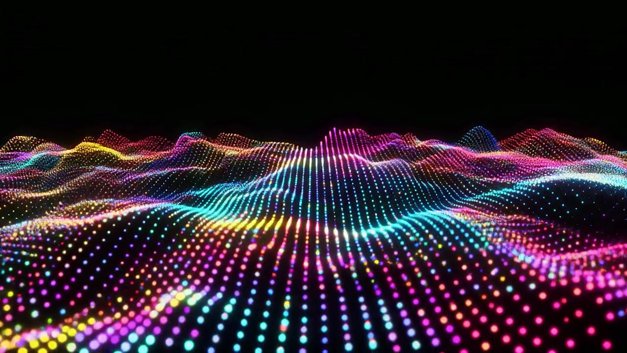 Colorful Digital Waves of Glowing Particles on Black Background