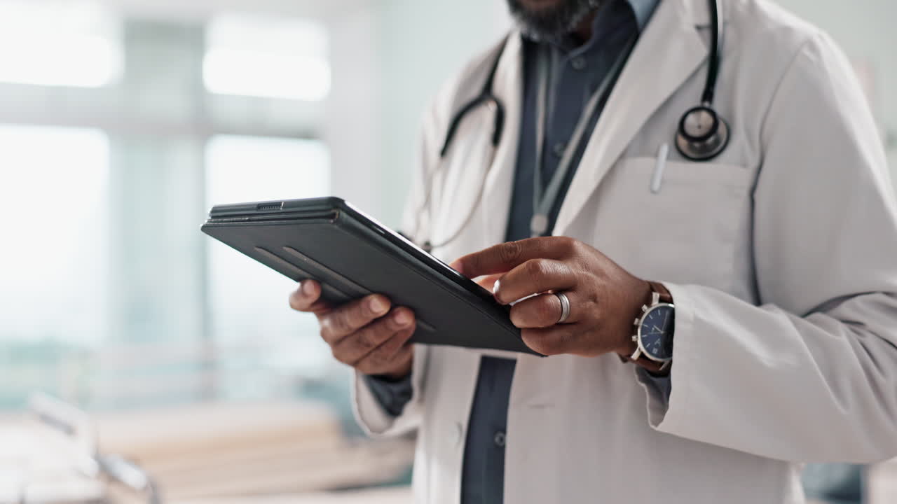 Closeup, man and doctor with a tablet