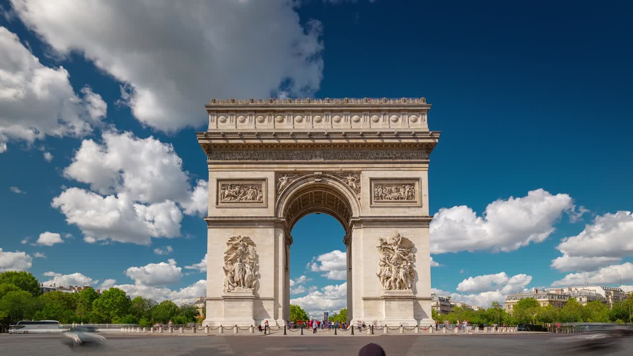 summer day blue sky paris city famous arch traffic circle square timelapse panorama 4k france