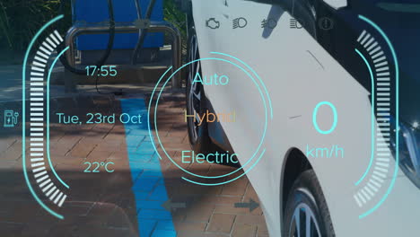 animación de la interfaz con el icono de carga de la batería y el velocímetro sobre la gasolinera
