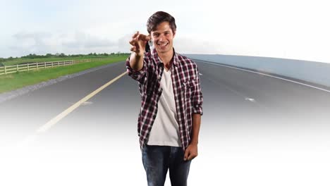 Animación-De-Un-Hombre-Caucásico-Feliz-Con-Las-Llaves-Del-Auto-Sobre-La-Carretera