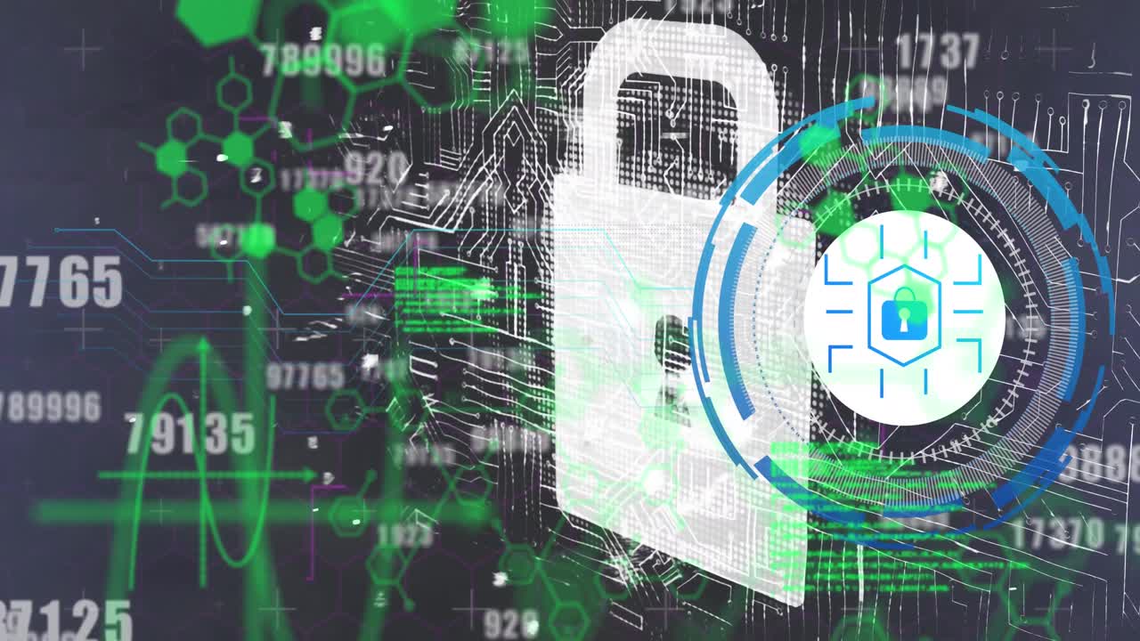 Animation of data processing with padlock icon over blue background
