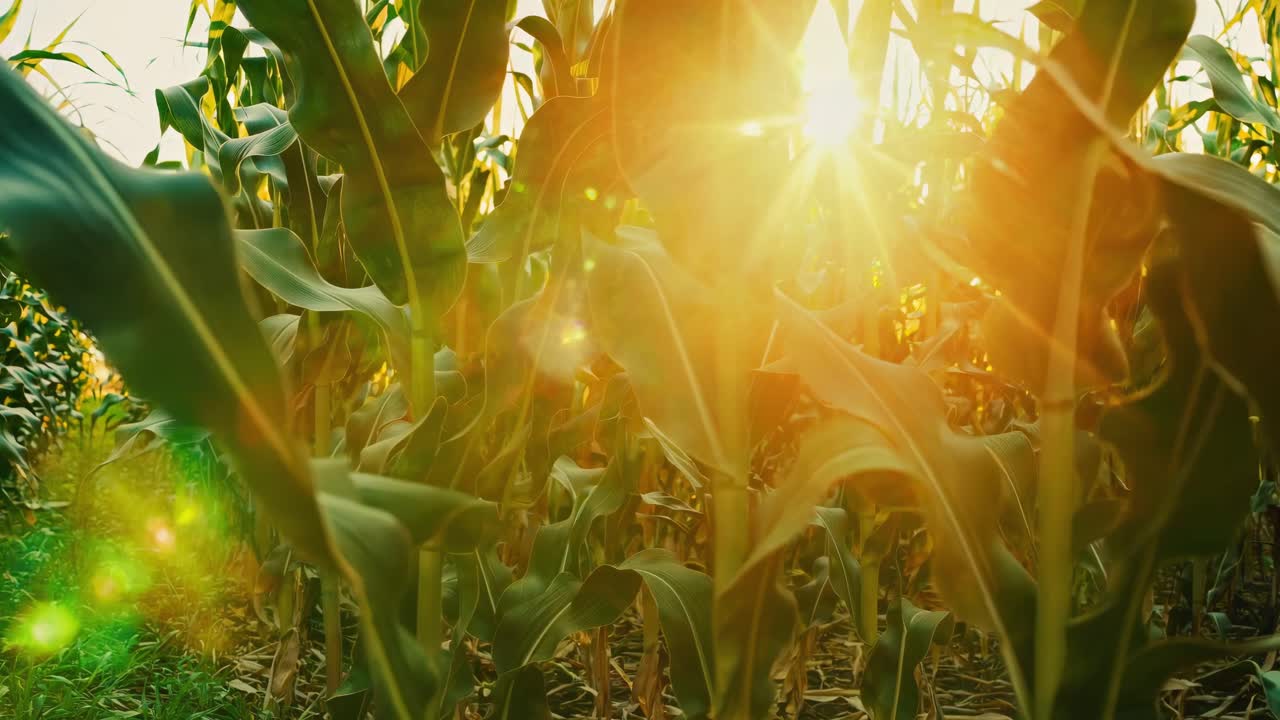 Low-angle video shot through cornfield at sunset, capturing sun rays and lens flare