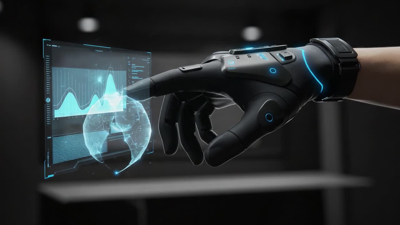 Futuristic Glove Interacting with Holographic Display, Showcasing Advanced Technology and User Interface Innovation in a Digital Environment