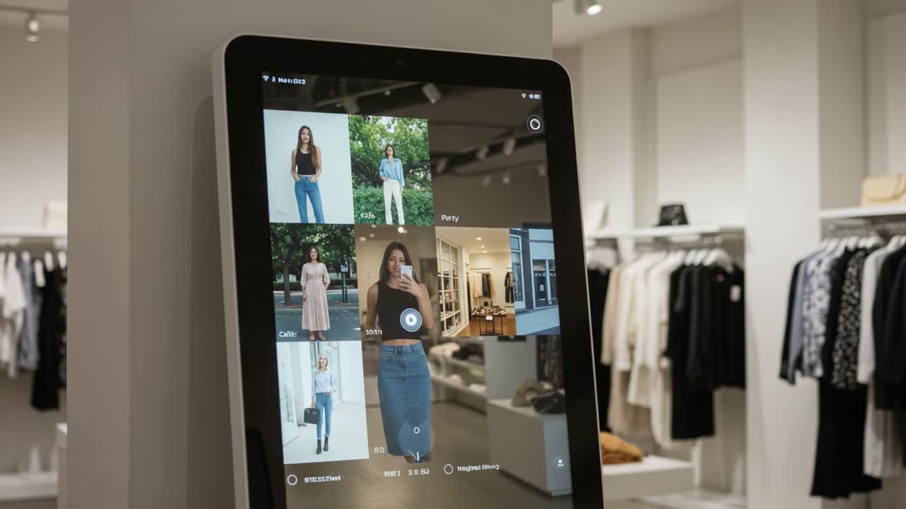 Browse Fashion Choices: Digital Display Showcasing Various Outfits in a Modern Clothing Store Setting, Allowing for Interactive Style Selections