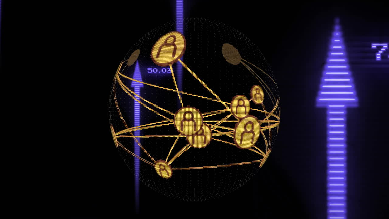 Animation of arrows and network of connections with people icons over globe