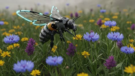A Highly Detailed Robotic Bee Pollinating Vibrant Flowers in a Lush Field, Showcasing a Blend of Nature and Technology in a Breathtaking Natural Setting