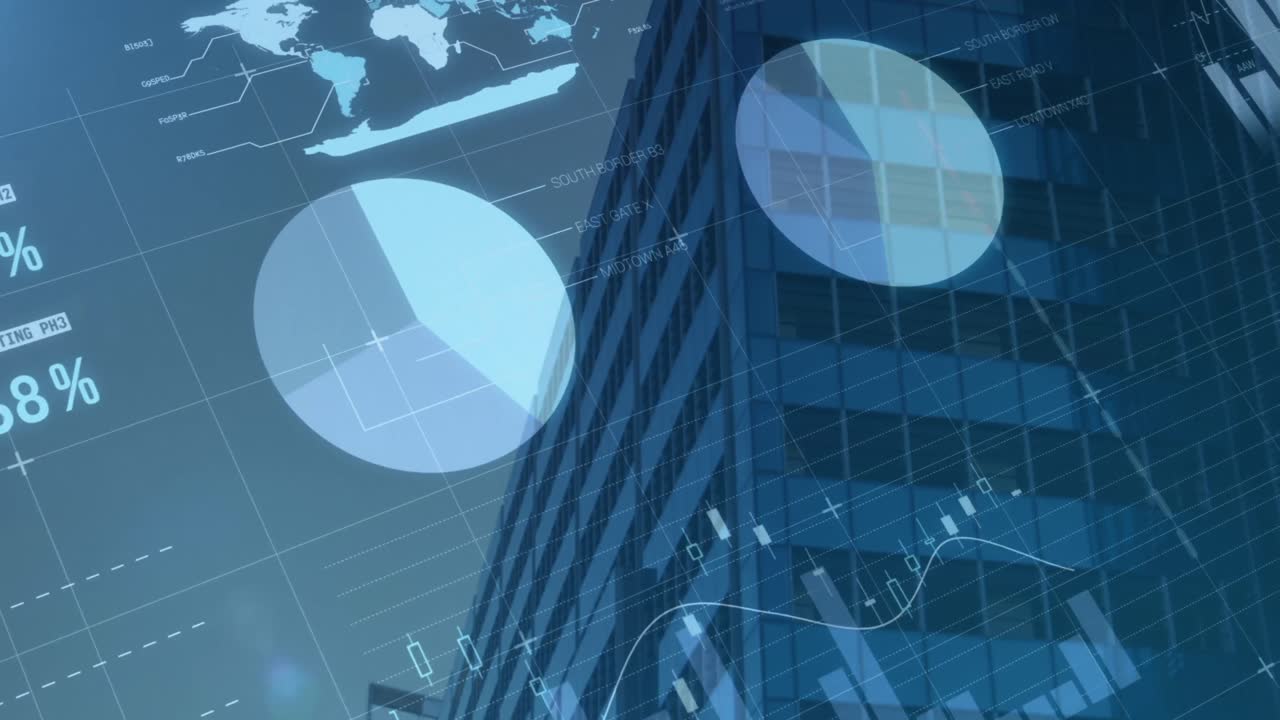 Composite video of statistical data processing against tall building