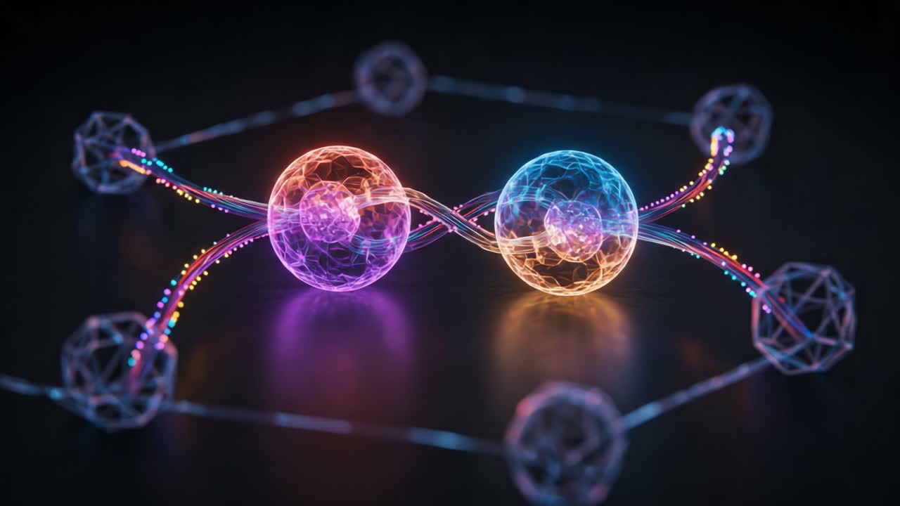 Visualization of Quantum Entanglement: A Detailed Perspective on Interconnected Particles with Vibrant Energy Dynamics and Intricate Interactions in a Futuristic Setting