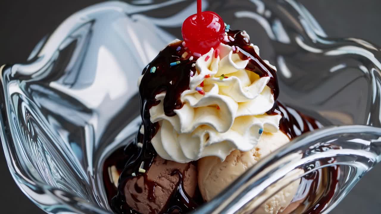 Video ravvicinato di una coppa di gelato sontuosa con sciroppo di cioccolato e panna montata
