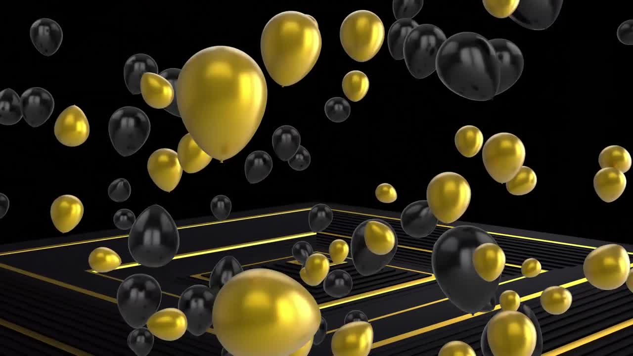 animación de globos negros y dorados sobre un patrón sobre un fondo negro