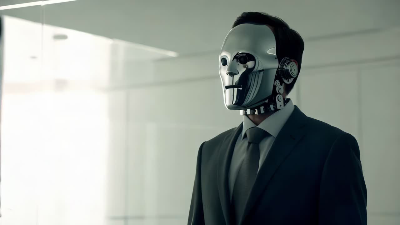 un hombre de negocios robot en una reunión.