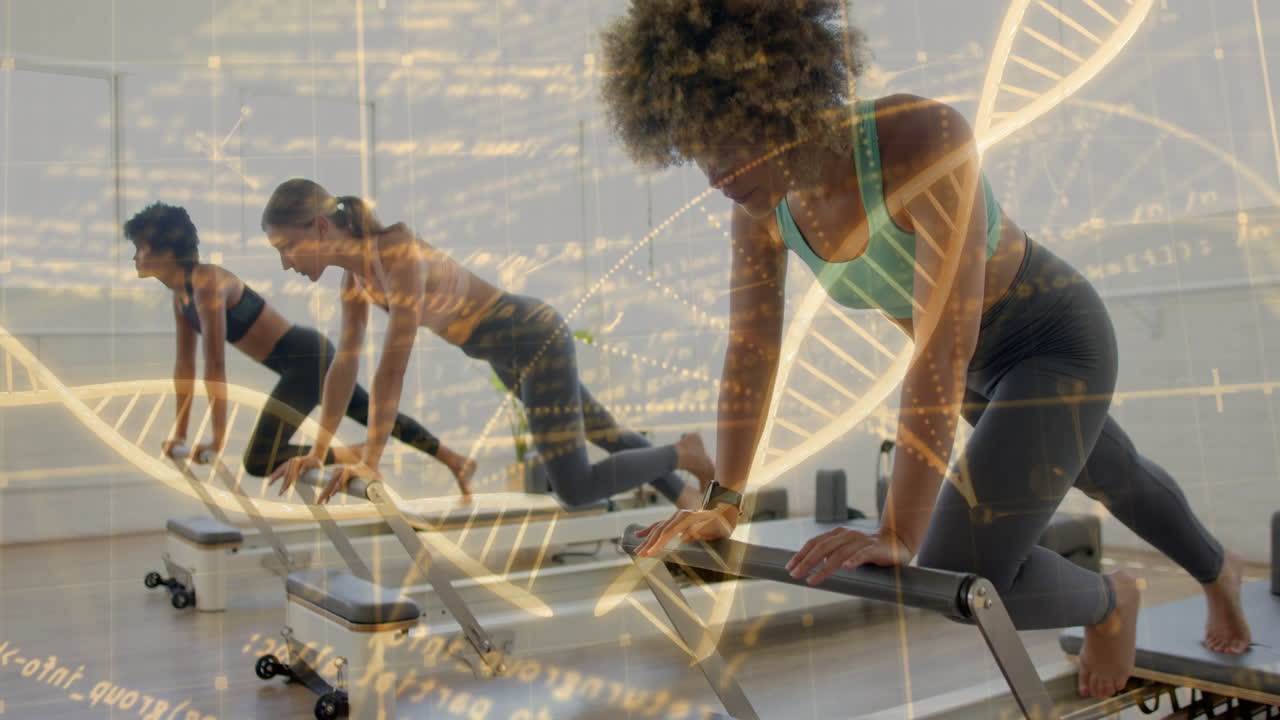 Women exercising on reformer machines with DNA strand animation overlay