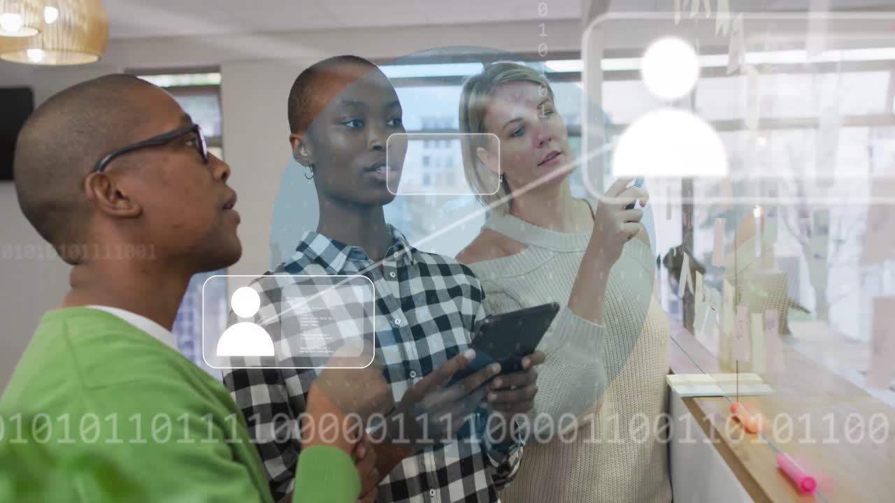 Animation of connections with icons over diverse business people in office